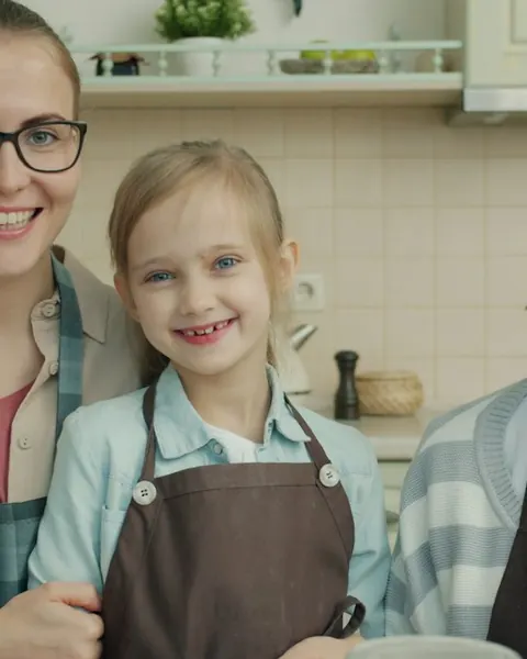 A grandmother, mother and daughter in aprons in a kitchen